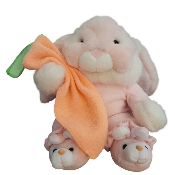 Vintage 11" Commonwealth Pink Bunny with Bunny Slippers Carrot Blanket Plush - Picture 1 of 6